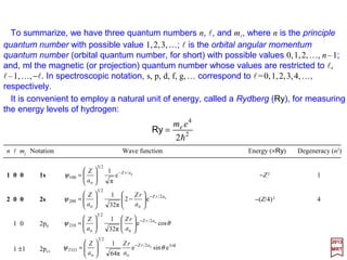 Pnl(r)
1 0
2 0
2 1
3 0
3 1
3 2
4 0
4 1
4 2
4 3
o2
o
23
o
e
2
1
2
1 arZ
a
rZ
r
a
Z −






−





Explicit forms of Pnl(r) for several values of n and l are given in the Table below.
n l
o
e2
23
o
arZ
r
a
Z −






o2
o
223
o
e
62
1 arZ
a
rZ
a
Z −






o3
2
oo
23
o
e
27
2
3
2
1
33
2 arZ
a
rZ
a
rZ
r
a
Z −














+−





2017
MRT
o3
oo
223
o
e
6
1
627
8 arZ
a
rZ
a
rZ
a
Z −








−







o3
2
o
3223
o
e
3081
4 arZ
a
rZ
a
Z −






o4
3
o
2
oo
23
o
e
192
1
8
1
4
3
1
4
arZ
a
rZ
a
rZ
a
rZr
a
Z −














−





+−





o4
2
ooo
223
o
e
80
1
4
1
3
5
16
1 arZ
a
rZ
a
rZ
a
rZ
a
Z −














+−





o4
o
2
o
3223
o
e
12
1
564
1 arZ
a
rZ
a
rZ
a
Z −








−







o4
3
o
4323
o
e
35768
1 arZ
a
rZ
a
Z −






13
 