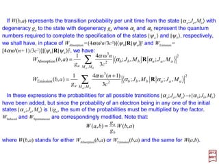 The symmetric wave function ψS above yields a probability of finding both electrons
between the two protons larger than the probability of this event for the two atoms
placed a distance rAB apart and no resonance effects taken into account(i.e.,|ψA(r1)ψB(r2)|2
gives a probability of this event smaller than that given by the absolute square of the
symmetric wave function ψS). The antisymmetric wave function, on the other hand, gives
smaller electron probability density in this region, compared to the nonresonance value.
Thus, despite the mutual repulsion of the two electrons, the attraction of the two protons
for the (symmetric state) negative cloud causes the Hydrogen molecule to be a stable
configuration. The mutual repulsion of the less screened protons in the antisymmetric
electronic state results in an unstable configuration. ∆E, J, and K are functions of
internuclear distance as shown in the previous Figure.
2017
MRT
From the discussion it is evident why covalent binding does not give rise to a
permanent electric dipole moment as was the case for ionic binding. Further, it is also
reasonable to expect that negative ions such as H2
−−−− would be producible in the
laboratory.
130
Now, we have seen that the attractive potential energy curves for both ionic and
covalent binding have a minimum corresponding to the equilibrium distance of
separation of the atoms and we have already speculated that, if somehow the system
were displaced from this equilibrium position, it might vibrate with simple harmonic
motion, much like two balls held together by a spring. We might also expect that the
simple harmonic diatomic molecule would appear like a dumbbell, so that it could
rotate about its center of mass.
 
