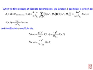 Consider the form of Vn(r), it is readily seen that Un(r) should have the form shown in
the Figure. For a given value of J, and near its minimum point, Un(r) is approximately the
same as the harmonic oscillator potential. As J increases, the minimum of the potential
Un(r) becomes less pronounced and finally disappears. Physically we see that the
molecule stretches as it rotates, and at high enough rotational speeds the stretching
becomes so great the atoms will fly apart.
2017
MRT
133
Illustrating the effective potential for the diatomic molecule showing the dependency of the rotational
quantum number J as well as the distance r between two atoms of mass M1 and M2 .
r
Un (r)
0
J = 25
J = 30
J = 20
J = 15
J = 0
J = 10
 