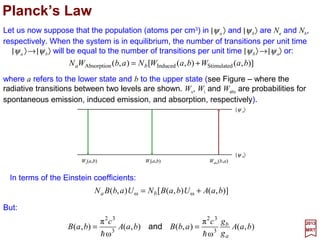 The radial equation cannot be solved exactly, but good results can be obtained using
approximation methods. When this is done, it is found that the major feature of the
nuclear motions is the harmonic vibration with the rotational effects appearing as a fine
structure upon each vibrational energy level. The energy levels of the system are found
to be given by:
2017
MRT
Here Vn represents the energy of the electronic state and rJ is the atomic separation for
the J-th rotational state. Here we have considered the harmonic oscillator approximation
in which the two atoms are pictured as being held together by a spring with spring
constant k, so that the potential energy is V =½kr2. The energy levels are given by:
2
2
2
)1(
2
1
ω
J
nnvkn
r
JJ
vVE
µ
+
+





++=
h
h
134






+=
2
1
ω vEv h
with v =0,1,2,3,… and where:
µ
k
=ω
 