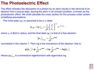 At low temperatures, the vast majority of the molecules will be in the lowest electronic
and vibrational states and transitions will generally take place between various rotational
levels. At higher temperatures where excitations to higher vibrational states is frequent,
the rotational states are also observed as fine structure in the observed vibrational
spectrum. For example, if we consider a gas of diatomic molecules in thermal
equilibrium, then the relative populations of the vibrational and rotational levels will be
governed by the Maxwell-Boltzmann distribution law. The relative number of molecules
in a particular vibrational energy state Ev =(v +½)hω will be:
2017
MRT
TkvTk
v
Tkv
Tkv
v
TkE
TkE
v BB
B
B
Bv
Bv
N
N ωω
0
ω½)(
ω½)(
0
Total
e)e1(
e
e
e
e hh
h
h
−−
∞
=
+−
+−
∞
=
−
−
−===
∑∑
138
Under ordinary conditions the ratio Ev /kBT is large for most diatomic molecules so that
the great majority of the molecules will be found in the lowest vibrational energy state
with v =0. Therefore, at room temperatures and below, particularly for light molecules,
it is reasonable to assume the molecules are in the ground vibrational state. For
rotational levels, the situation is quite different because the energy differences
between low-lying rotational levels are much smaller than those between low-lying
vibrational levels. Also, in considering the populations of the rotational levels, we must
take into account the fact that each level specified by a given E is 2J +1 degenerate.
Therefore, a statistical weight factor of 2J +1 must be included in specifying the
relative number of molecules occupying the J-th energy level.
 