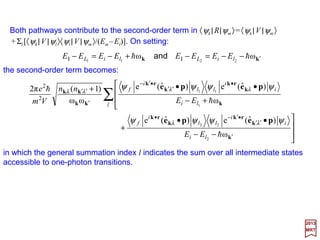 Henceforth, our ultimate objective is to derive Planck’s distribution law and then
introduce the basics of Quantum Electrodynamics (QED). As such, the interaction
between atoms and radiation requires a transition from classical to quantum mechanics.
2017
MRT
It is convenient to impose boundary conditions that areperiodicateachfaceof thecube.
In the x direction, for example, it will be required that all plane wave satisfy eikx x =eikx (x+L)
as a result of which kx =(2π/L)Nx (Nx =0,±1,±2,…).Similarly, for propagations in the y and
z directions, we have ky =(2π/L)Ny (Ny =0,±1,±2,…) and kz =(2π/L)Nz (Nz =0,±1,±2,…).
These components define the propagation vector k (or wave vector):
which may be normalized to give the unit vector:
)ˆˆˆ(
π2ˆπ2ˆπ2ˆπ2ˆˆˆ kjikjikjik zyxzyxzyx NNN
L
N
L
N
L
N
L
kkk ++=++=++=
Electromagnetic Interactions
We shall be interested, at first, in a pure radiation field in which E(r,t) and B(r,t) are
perpendicular to one another and both are perpendicular to the direction of propagation.
The electromagnetic field is describable by a vector potential A(r,t); a complete
description requires the specification of the three components of A(r,t) at each point in
space and at each instant of time. Such a description leads to problems of normalization
which can be avoided by assuming that the radiation field is enclosed in a cavity.*
* For simplicity the cavity is assumed to be a cube of side L with perfectly conducting walls. Provided L is large compared with
the dimensions of any physical system with which the radiation field may interact, physical results will be independent of the
size and shape of the cavity.
in the direction of propagation. For a plane wave we have k=ωk/c.
( )kkk == kkˆ
150
 