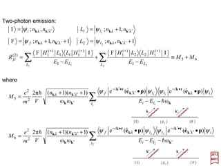 We now introduce a new set of variables:
which when substituted into our previous expression for W, gives:
2017
MRT
)]()(ω[
π
ω
)()]()(ω[
π
ω
)( *
kkkkkk k
k
k
k
rrrrrr PiQ
V
c
APiQ
V
c
A −=+= and
∑∑ +=
k
k kk
r
rr QPW )](ω)([
2
1 222
Upon inverting the Qr(k) and Pr(k) variables above, we get:
)]()([
2
ω
π
)()]()([
2
1
π
)( **
kkkkkk k
rrrrrr AA
c
V
iPAA
c
V
Q −−=+= and
Finally, it is noted that the Hamiltonian W=½ΣkΣr[Pr
2(k)+ωk
2Qr
2(k)] is precisely of the
same form as that for an assembly of simple harmonic oscillators whose Hamiltonians
are given by H=½(P2 +ω2Q2).
Each mode of radiation field is therefore formally equivalent to a single harmonic
oscillator when we let P2 =p2/m and Q2 =mq2 so that the Hamiltonian H=p2/2m+(m/2)ω2q2
became:
)ω(
2
1 222
QPH +=
156
 