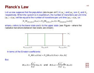 Let us now suppose that the population (atoms per cm3) in |ψa 〉 and |ψb〉 are Na and Nb,
respectively. When the system is in equilibrium, the number of transitions per unit time
|ψa 〉→|ψb〉 will be equal to the number of transitions per unit time |ψb〉→|ψa〉 or:
where a refers to the lower state and b to the upper state (see Figure – where the
radiative transitions between two levels are shown).
2017
MRT
In terms of the Einstein coefficients:
)],(),([),( StimulatedInducedAbsorption baWbaWNabWN ba +=
Planck’s Law
|ψ a〉
|ψ b〉
WSponteneous(a,b) WInduced(a,b) WAbsorption(b,a)
)],()ω(),([)ω(),( baAIbaBNIabBN ba +=
But:
),(
ω
π
),(),(
ω
π
),( 3
32
3
32
baA
g
gc
abBbaA
c
baB
a
b
hh
== and
195
 