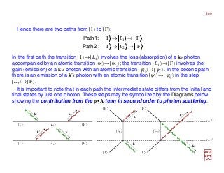 Hence there are two paths from | I 〉 to | F 〉:
In the first path the transition | I 〉→| L1 〉 involves the loss (absorption) of a kr photon
accompanied by an atomic transition |ψi〉→|ψl1
〉; the transition | L1 〉→| F〉 involves the
gain (emission) of a k′s photon with an atomic transition |ψl1
〉→| ψf 〉. In the second path
there is an emission of a k′s photon with an atomic transition |ψi〉→| ψl1
〉 in the step
| L2 〉→| F〉.
2017
MRT
FI
FI
2
1
→→
→→
L
L
:2Path
:1Path
It is important to note that in each path the intermediate state differs from the initial and
final states by just one photon. These steps may be symbolized by the Diagrams below
showing the contribution from the p•A term in second order to photon scattering.
| I 〉 | F 〉| L2 〉
| I 〉 | F 〉| L1 〉
k k′
kk′
t = t′′
k
k′
k
k′
t = t′
| I 〉 | I 〉
| F 〉 | F 〉
| L1 〉 | L2 〉
209
 