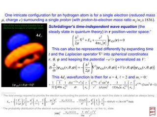 Plot forY1
0,R10,and the probability densityψ100
∗ψ100=|ψ100|2 of the orbital [ yellow(+)/ blue
(−) on black] which is the probability of finding an electron around the atom’s nucleus.
2017
MRT
Plots for Y1
0 , R20, & |ψ200|2, Y1
0 , R21, & |ψ210|2, and for Y1
1 , R21, & |ψ211|2.
+½
−½
+½ −½
The maximum number
Nn of electrons in a
shell characterized by
principle number n is
given by twice (i.e. due
to spin) the number of
orbital stateswiththatn:
...,18,8,22
)12(2
2
1
0
==
+= ∑
−
=
n
N
n
n
l
l
21
+
−
 