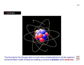 8O (1s22s2p4)
The formula for the Oxygen atom is much more complicated but it can be represen-
ted by the Bohr model of electrons orbiting a nucleus (8 protons and 8 neutrons).
2017
MRT
222
 