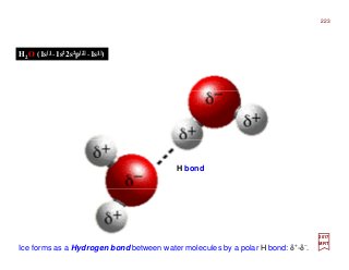 Ice forms as a Hydrogen bond between water molecules by a polar H bond: δ+-δ−.
H bond
H2O (1s[1 -1s22s2p[2] -1s1])
2017
MRT
223
 