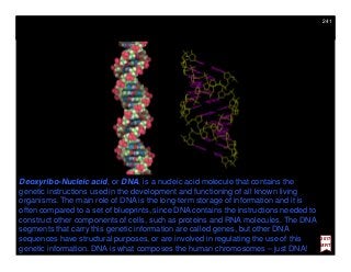 Deoxyribo-Nucleic acid, or DNA, is a nucleic acid molecule that contains the
genetic instructions used in the development and functioning of all known living
organisms. The main role of DNA is the long-term storage of information and it is
often compared to a set of blueprints, since DNA contains the instructions needed to
construct other components of cells, such as proteins and RNA molecules. The DNA
segments that carry this genetic information are called genes, but other DNA
sequences have structural purposes, or are involved in regulating the use of this
genetic information. DNA is what composes the human chromosomes – just DNA!
241
2017
MRT
 