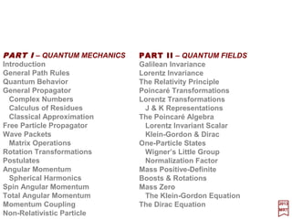 n = 1
llll = 0
mllll = 0
n = 2
llll = 0
mllll = 0
↑↑↑↑ z
n = 2
llll = 1
mllll = ±±±±1
n = 2
llll = 1
mllll = 0
n = 3
llll = 1
mllll = ±±±±1
n = 3
llll = 1
mllll = 0
n = 3
llll = 0
mllll = 0
n = 3
llll = 2
mllll = ±±±±1
n = 3
llll = 2
mllll = 0
n = 3
llll = 2
mllll = ±±±±2
Contents
PART V – THE HYDROGEN ATOM
What happens at 10−−−−10 m?
The Hydrogen Atom
Spin-Orbit Coupling
Other Interactions
Magnetic & Electric Fields
Hyperfine Interactions
Multi-Electron Atoms and Molecules
Appendix – Interactions
The Harmonic Oscillator
Electromagnetic Interactions
Quantization of the Radiation Field
Transition Probabilities
Einstein’s Coefficients
Planck’s Law
A Note on Line Broadening
The Photoelectric Effect
Higher Order Electromagnetic Interactions
References
Probability patterns for the electron in the Hydrogen
atom. The computer generated pictures show slices
through the atom for the lowest energy levels. The
pictures are coded so that the bright regions
correspond to high probability of finding the electron.
2017
MRT
“The underlying physical laws necessary for the mathematical theory of a large part of physics and the
whole of chemistry are thus completely known, and the difficulty lies only in the fact that the exact
application of these laws leads to equations much too complicated to be soluble.” Paul Dirac, ‘Quantum
Mechanics of Many-Electron Systems’ Proceedings of the Royal Society (London),123 (1929) pp. 714-733.
4
 