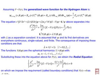 2017
MRT
By weight, 75% of the visible* universe is Hydrogen, a colorless gas. In space, vast
quantities interact with starlight to create spectacular sights such as the Eagle Nebula
(seen by the Hubble Space Telescope). The Hydrogen atom is the simplest atom… yet:
Symbol: H – element number 1.
Atomic Weight: 1.008.
Color: Colorless.
Discovery: 1766 in the United Kingdom.
Electron Configuration: 1 s
1
; Valence: 1.
Electronegativity: 2.2.
Electron Affinity: 72.8 kJ/mol.
Ionization Energies: 1312 kJ/mol.
Atomic Radius: 53 pm; Covalent Radius: 37 pm;
Van der Waals Radius: 120 pm.
Crystal Structure: Simple Hexagonal.
Density: 0.0899 g/l.
Melting Point: −259.14 °C .
Boiling Point: −252.87 °C .
Thermal Conductivity: 0.1805 W/(m K).
Gas phase: Diatomic.
Magnetic Type: Diamagnetic.
Mass Magnetic Susceptibility: −2.48×10
−8
.
% in Universe: 75%; % in Sun: 75%; % in
Meteorites: 2.4%; % in Earth's Crust: 0.15%;
% in Oceans: 11%; % in Humans: 10%.
Half-Life: Stable; Quantum Numbers:
2
S1/2.
Stable Isotopes:
1
H,
2
H.
Isotopic Abundances:
1
H - 99.9885%
2
H - 0.0115%
The Hydrogen Atom
8
* In the form of baryonic mass and note that most of the universe’s mass is not
in the form of baryons or chemical elements (e.g., dark matter and dark energy.)
 