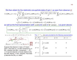 ])1,()cos1()0,(sin2)1,()cos1[(1
2
1
)1,()(
4/1
2
2 +ΛΩ++ΛΩ+−ΛΩ−
















−=+Λ
−
ppp
c
pU ΨΨΨΨΨΨΨΨΨΨΨΨΨΨΨΨ
v
σ =+1 σ =0 σ =−1
σ′=+1
σ′ =0
σ′ =−1
We then obtain for the relativistic one-particle state of spin-1 as seen from observer O:
])1,()()0,()()1,()([
),()(
)0)(())(0()0)(0())((
),()],([),()],([)1,()(
)1(
11
)1(
10
)1(
113
1
1
)1(
10
332
0
3
1
1
)1(
10
30
3
20
2
10
1
00
0
1
1
)1(
10
0
2
+ΛΩ+ΛΩ+−ΛΩ=
′ΛΩ
−+++
=
′ΛΛ
Λ+Λ+Λ+Λ
=′ΛΛ
Λ
=+=Λ
++++−
+
−=′
+′
+
−=′
+′
+
−=′
+′
∑
∑∑
ppp
p
p
pp
ppW
p
pppp
ppW
p
p
pU
ΨΨΨΨΨΨΨΨΨΨΨΨ
ΨΨΨΨ
ΨΨΨΨΨΨΨΨΨΨΨΨ
DDD
D
DD
γ
σ
γβγ
σσσ
σ
σ
σ
σ
σ
σ
µ
µ
)cos1(
2
1
Ω+
σσ′
0
)cos1(
2
1
Ω− 0
0
0
0Ωsin
2
2 0
The D( j = 1)
σ′ +1(Ω) were provided by the following representation:
as well as the final representation (with cosΩ and sinΩ or Ω=arctan(…) as given above):
2017
MRT
y
z z
Suppose that observer O sees a W boson
(spin-1 and mass MW ≠0) with momentum p2 in
the y-direction and spin z-component Jz = σh =
+h. A second observer O moves relative to the
first with velocity v in the z-direction. How does
O describe the |ΨΨΨΨ(p,σ)〉 state?
| ΨΨΨΨO (p,σ = +1)〉 | ΨΨΨΨO (Λp,σ ′)〉
∑′
=
+′
Λ
σ
σ ][
)( )1(
10
0
Wj
p
p
D
hh 2)1(ˆ1ˆˆˆ 222
2
12
232 =+=+














−−=−=Λ
−
jjcMp
cc
ppp W Jk
vv
jkjp &
p2
Λ(v)
y
x
v →→→→MW
Jz =hJ
ˆ
Λpˆ
100
 