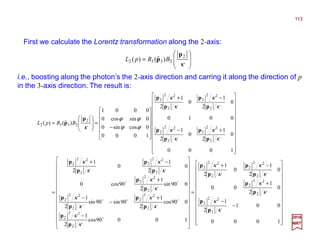 2017
MRT
First we calculate the Lorentz transformation along the 2-axis:


























−
−
+
−+
=




























−
+
−
−
+
−+
=
























+−
−+












−
=








=
1000
001
2
1
0
2
1
00
0
2
1
0
2
1
10090cos
2
1
090cos
2
1
90sin90sin
2
1
090sin
2
1
90cos0
0
2
1
0
2
1
1000
0
2
1
0
2
1
0010
0
2
1
0
2
1
1000
0cossin0
0sincos0
0001
)ˆ()(
2
22
2
2
22
2
2
22
2
2
22
2
2
22
2
2
22
2
2
22
2
2
22
2
2
22
2
2
22
2
2
22
2
2
22
2
2
22
2
2
22
2
2
2332
κ
κ
κ
κ
κ
κ
κ
κ
κ
κ
κ
κ
κ
κ
κ
κ
κ
κ
κ
κ
κ
κ
κ
κ
κ
κ
κ
κ
ϕϕ
ϕϕ
κ
p
p
p
p
p
p
p
p
p
p
p
p
p
p
p
p
p
p
p
p
p
p
p
p
p
p
p
p
p
p
o
ooo
oo
BRpL
i.e., boosting along the photon’s the 2-axis direction and carring it along the direction of p
in the 3-axis direction. The result is:








=
κ
2
2332 )ˆ()(
p
p BRpL
113
 