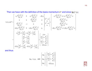 



















−








−








+
=




































−−








+−








−








+








−+








+
=
























⋅
−
−⋅
+
−
⋅
−
⋅
+
⋅
−
+⋅
+
=














=
=
























−
−
+
−
−
−
+
−
−+
=Λ
233
2
2
2
2
2
2
2
2
23
2
2
2
2
2
33
2
2
2
2
2
33
2
2
2
2
2
2
2
2
2
2
2
2
2
2
2
3
2
2
2
2
2
3
2
22
2
33
2
22
2
33
2
22
2
2
22
2
2
22
2
3
2
22
2
3
2
0
3
2
22
2
33
2
22
2
33
2
22
2
2
22
2
33
2
22
2
3
2
22
2
3
23
1
2
1
2
2
1
2
1
2
1
2
1
2
1
2
1
2
1
2
1
2
1
2
1
2
1
2
1
0
0
2
1
0
2
1
001
2
1
0
2
1
00
2
1
0
2
1
)(
p
p
p
p
p
p
p
p
p
p
p
p
p
p
p
p
p
p
p
p
p
p
p
p
p
p
p
p
p
p
k
k
p
p
p
p
p
p
p
p
p
p
p
p
kpL
γβ
κ
κ
γ
κ
κ
γβ
κ
κ
γβ
κ
κ
κ
κ
κ
κ
γ
κ
κ
γ
κ
κ
κ
γβκ
κ
κ
γβ
κ
κ
κ
κ
κ
κ
κ
κ
κ
γκ
κ
κ
γ
κ
κ
γ
κ
κ
γβ
κ
κ
γβ
κ
κ
κ
κ
γβ
κ
κ
γ
κ
κ
γ
µ
Then we have with the definition of the basis momentum kµ and since |p2 |=p2:




















−








−








+
=


















Λ
Λ
Λ
=Λ
233
2
2
2
2
2
2
2
2
3
2
1
230 1
2
1
2
p
p
p
p
p
p
p
p
pp
γβ
κ
κ
γ and
and thus:
2017
MRT
115
 