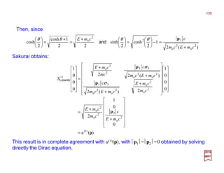 Sakurai obtains:
Then, since
This result is in complete agreement with u(1)(p), with p1 =p2 =0 obtained by solving
directly the Dirac equation.
)(
0
0
1
2
0
0
0
1
2)(2
)(22
0
0
0
1
)1(
2
o
32
o
2
o
2
o
2
o
2
o
2
o
33
2
o
2
o
33
2
2
o
1
p
p
p
p
u
cmE
c
cm
cmE
cm
cmE
cmEcm
c
cmEcm
c
mc
cmE
S
=














+
+
=




























+
+
+
+
=












−
σ
σ
Lorentz
)(2
1
2
cosh
2
sinh
22
1cosh
2
cosh
2
o
2
o
32
2
o
cmEcm
ccmE
+
=−





=




+
=
+
=




 pθθθθ
and
2017
MRT
135
 