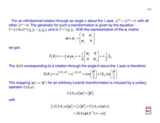 For an infinitesimal rotation through an angle ε about the 1-axis, λ23 =−λ32 =+1 with all
other λµν =0. The generator for such a transformation is given by the equation
T =(1/8)λµν (γµ γν − γν γµ ), and is T =½γ2 γ3 . With the representation of the αααα matrix:
we get:
2017
MRT






+





===
+
2
sinΣ
2
cosee)( 1
Σ)(
1
121 θθθθ
iRS
iRT
with
The S(θ ) corresponding to a rotation through the angleθ about the 1-axis is therefore:
The mapping |ψ〉→ |ψ 〉 for an arbitrary Lorentz transformation is induced by a unitary
operator U(Λ,a):
)]([)(
)(),(),(
1
axS
xaUxaUx
−ΛΛ=
Λ==Λ
−
ψ
ψψψ
ψψ =Λ ),( aU






=≡
0
0
i
i
i
σ
σ
ααααα
1
1
1
322
1
1 Σ
20
0
)(
ii
RT +=





+=−=
σ
σ
αα
h
137
 