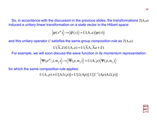 and this unitary operator U satisfies the same group composition rule as T(Λ,a):
So, in accordance with the discussion in the previous slides, the transformations T(Λ,a)
induced a unitary linear transformation on a state vector in the Hilbert space:
For example, we will soon discuss the wave function in its momentum representation:
for which the same composition rule applies:
2017
MRT
)]()([)]([)]([),( 1
pLpLUpLUpLUpU ΛΛΛ=Λ≡Λ −
),(),(),(),;( jjj mppUmpmjp ΨΨΨΨΨΨΨΨΨΨΨΨ Λ=→µ
)(),()()( xaUxx ψψψ µ
Λ=→
),(),(),( aaUaUaU +ΛΛΛ=ΛΛ
20
 
