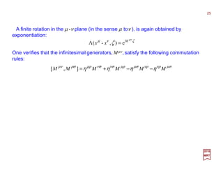 A finite rotation in the µ -ν plane (in the sense µ toν ), is again obtained by
exponentiation:
2017
MRT
ζνµ µν
ζ M
xx e),-(Λ =
µσνρνρµσµρνσνσµρρσµν
ηηηη MMMMMM −−+=],[
One verifies that the infinitesimal generators, Mµν ,satisfy the following commutation
rules:
25
 
