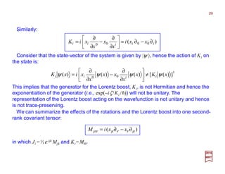 Similarly:
)( 0000 iiiii xxi
x
x
x
xiK ∂−∂=





∂
∂
−
∂
∂
=
†
00
])([)()()( xKx
x
xx
x
xixK iiii ψψψψ ≠





∂
∂
−
∂
∂
=
Consider that the state-vector of the system is given by |ψ 〉, hence the action of Ki on
the state is:
This implies that the generator for the Lorentz boost, Ki, is not Hermitian and hence the
exponentiation of the generator (i.e., exp(−iζ i Ki /h)) will not be unitary. The
representation of the Lorentz boost acting on the wavefunction is not unitary and hence
is not trace-preserving.
We can summarize the effects of the rotations and the Lorentz boost into one second-
rank covariant tensor:
)( µννµµν ∂−∂= xxiM
in which Ji =½ε ijk Mjk and Ki =Mi0.
2017
MRT
29
 