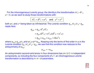 For the inhomogeneous Lorentz group, the identityis the transformation Λµ
ν=δ µ
ν ,
aµ =0, so we want to study those transformations with:
µµ
ν
µ
ν
µ
ν
µ
εδ =+=Λ aandω
where ωσρ≡ηµσ ωµ
ρ and ωµ
ρ≡ηµσ ωσρ. Keeping only the terms of first order in ω in the
Lorents condition ηµν Λµ
ρ Λν
σ=ηρσ , we see that this condition now reduces to the
antisymmetry of ωσρ :
both ωµ
ν and ε µ being taken as infinitesimal. The Lorentz condition ηµν Λµ
ρ Λν
σ=ηρσ
reads here:
An antisymmetric second-rank tensor in four dimensions has (4×3)/2=6 independent
components, so including the four components of ε µ, an inhomogeneous Lorentz
transformation is described by 6+4=10 parameters.
2017
MRT
34
ρσσρ ωω −=
)ω(ωω
)ω()ω(
2
O+++=
++=
ΛΛ=
σρρσρσ
σ
ν
σ
ν
ρ
µ
ρ
µ
µν
σ
ν
ρ
µ
µνσρ
η
δδη
ηη
 