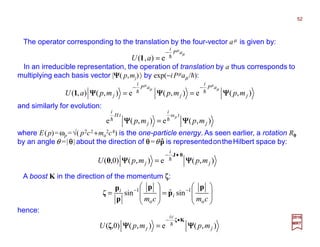 where E(p)=ωp =√( p2c2 +mo
2c4) is the one-particle energy. As seen earlier, a rotation Rθθθθ
by an angleθ =|θθθθ| about the direction of θθθθ=θp is representedontheHilbert space by:
2017
MRT
),(e),(e),(),( j
aP
i
j
aP
i
j mpmpmpaU ΨΨΨΨΨΨΨΨΨΨΨΨ
µ
µ
µ
µ
hh
−−
==1
hence:
),(e),()0,( j
i
j mpmpU ΨΨΨΨΨΨΨΨ
θJ
θ
•−
= h
A boost K in the direction of the momentum ζζζζ:
The operator corresponding to the translation by the four-vector aµ is given by:
),(e),()0,( j
ci
j mpmpU ΨΨΨΨΨΨΨΨ
Kζ
ζ
•−
= h








=








= −−
cmcm
i
i
o
1
o
1
sinˆsin
p
p
p
p
p
ζ
and similarly for evolution:
),(e),(e
ω
j
t
i
j
tH
i
mpmp
p
ΨΨΨΨΨΨΨΨ hh =
In an irreducible representation, the operation of translation by a thus corresponds to
multiplying each basis vector |ΨΨΨΨ( p,mj)〉 by exp(−iPµaµ /h):
µ
µ
aP
i
aU h
−
= e),(1
ˆ
52
 