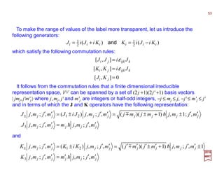 which satisfy the following commutation rules:
To make the range of values of the label more transparent, let us introduce the
following generators:
2017
MRT
)(
2
1
)(
2
1
iiiiii KiJiKKiJiJ −=+= and
and
It follows from the commutation rules that a finite dimensional irreducible
representation space, Vjj' can be spanned by a set of (2j +1)(2j' +1) basis vectors
| jmj, j'm'j〉 where j, mj, j' and m'j are integers or half-odd integers, −j ≤ mj ≤ j, −j' ≤ m'j ≤ j'
and in terms of which the J and K operators have the following representation:
0],[
],[
],[
=
=
=
ji
kijkji
kijkji
KJ
JiKK
JiJJ
ε
ε
jjjjj
jjjjjjjj
mjmjmmjmjJ
mjmjmjmjmjmjJiJmjmjJ
′′=′′
′′±+±=′′±=′′±
,;,,;,
,;1,)1)((,;,)(,;,
3
21
h
hm
jjjjj
jjjjjjjj
mjmjmmjmjK
mjmjmjmjmjmjKiKmjmjK
′′′=′′
±′′+′±′′′=′′±=′′±
,;,,;,
1,;,)1)((,;,)(,;,
3
21
h
hm
53
 