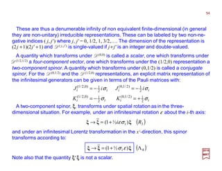 These are thus a denumerable infinity of non equivalent finite-dimensional (in general
they are non-unitary) irreducible representations. These can be labeled by two non-ne-
gative indices ( j, j') where j, j' = 0, 1/2, 1, 3/2,…. The dimension of the representation is
(2j +1)(2j' +1) and D( j, j') is single-valued if j+j' is an integer and double-valued.
A quantity which transforms under D(0,0) is called a scalar, one which transforms under
D(1/2,1/2) a four-component vector, one which transforms under the (1/2,0) representation a
two-component spinor. A quantity which transforms under (0,1/2) is called a conjugate
spinor. For the D(0,1/2) and the D(1/2,0) representations, an explicit matrix representation of
the infinitesimal generators can be given in terms of the Pauli matrices with:
2017
MRT
iiii
iiii
KK
iJiJ
σσ
σσ
2
1
2
1
2
1
2
1
)2/1,0()0,2/1(
)2/1,0()0,2/1(
+=−=
−=−=
Note also that the quantity ξξξξ∗ ξξξξ is not a scalar.
A two-component spinor, ξξξξ, transforms under spatial rotation as in the three-
dimensional situation. For example, under an infinitesimal rotation ε about the i-th axis:
and under an infinitesimal Lorentz transformation in the xi-direction, this spinor
transforms according to:
( )3)½1( Ri i ξξξ σε+=→
( )4Λ)½1( ξξξ εσi+=→
54
 