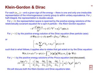Klein-Gordon & Dirac
For j = 0, the representation space is spanned by the positive energy solutions of the
relativistically covariant equation for a spin-0 particle – the Klein-Gordon equation:
For each (mo , j) – and a given sign of the energy – there is one and only one irreducible
representation of the inhomogeneous Lorentz group to within unitary equivalence. For j
half-integral, the representation is double-valued.
2017
MRT
For j = 1/2 by the positive energy solution of the Dirac equation (free particle case):
For j = 1 by the positive energy solutions of the Proca equation (not discussed).
),()(
),( 42
o
222
2
2
2
tcmc
t
t
r
r
ϕ
ϕ
+∇−=
∂
∂
− hh
),()(),( 2
o tcmciti rr ΨΨΨΨ∇∇∇∇ααααΨΨΨΨ β+•−= h&h
We will discuss both the Klein-Gordon and Dirac equations later.
)(
2
1
4
1)( 42
o
µν
µ
ν
µ
µ
ν
ν
µ
µ
ν
µ
φφφ
φφφφφ
xcm
xxxxt
x
i








+








∂
∂
−
∂
∂








∂
∂
−
∂
∂
−=
∂
∂
h
0)(2
o =








+∂− ∑ xcmc ψγ
µ
µ
µ
h
)(),()()(),( tdmpxxψt j ΨΨΨΨΨΨΨΨΨΨΨΨ ⋅==≡ ∫
∞+
∞−
ppprr ψµ
or:
such that in what follows,it applies also to states that get acted on by the Dirac equation:
56
 