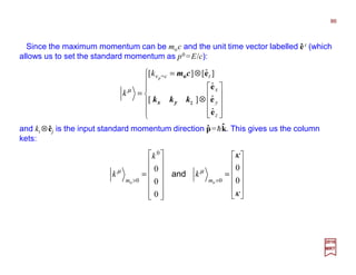2017
MRT
Since the maximum momentum can be moc and the unit time vector labelled êt (which
allows us to set the standard momentum as p0 =E/c):

















⊗
⊗=
=
z
y
x
t=cvp
k
k
e
e
e
eo
ˆ
ˆ
ˆ
][
]ˆ[][
zyx kkk
cm
µ












=














=
=>
κ
κ
µµ
0
0
0
0
0
0
0
0 oo mm
k
k
k and
and ki ⊗êj is the input standard momentum direction p=hk. This gives us the column
kets:
ˆ ˆ
86
 