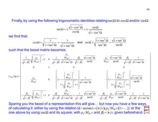 Ω−
Ω
±=
Ω
Ω−
±=Ω
2
2
sin1
sin
cos
cos1
tan
Finally, by using the following trigonometric identities relating tanΩ to cosΩ and/or sinΩ:
Ω
Ω+
=
Ω
Ω+
=Ω
Ω+
=
Ω+
=Ω
tan
tan1
tan
tan1
sin
tan1
1
tan1
1
cos
2
2
2
22
and
we find that:
such that the boost matrix becomes:








































Ω+−
+
Ω
Ω+
−
−
Ω
Ω+
−
+
Ω+−
+







−
−
Ω
Ω+
















+





+






+−
Ω+
















+





+






+
Ω+−
−
Ω
Ω+
Ω
Ω+
−
+
Ω+−
+







−
=Λ
22
3
2
W
2
2
3
3
2
2
3
2
W
2
2
3
3
2
W
2
2
3
3
2
2
W
2
2
W
2
22
W
2
2
W
2
W
2
22
3
3
2
W
2
2
2
3
3
2
W
2
2
3
2
W
2
2
3
23
tan1
1
1
1
tan
tan1
1tan
tan1
1
1
tan11
01
1
tan
tan1
11
1
tan1
1
11
10
0010
tan1
1
1tan
tan1
tan
tan1
1tan11
1
01
1
1
)(
ββ
β
ββ
β
β
β
β
β
β
β
ββ
cM
pcM
p
cM
p
cM
p
cM
p
cM
p
cM
p
cM
p
cM
pcM
p
cM
p
pL ××××
2017
MRT
Sparing you the beast of a representation this will give… but now you have a few ways
of calculating it: either by using the relation Ω=arctan{−(|v|/c)(p2/MW c)[1−…]} or the
one above by using tanΩ and its square, with p2/MW c and β3=|v|/c given beforehand.
99
 