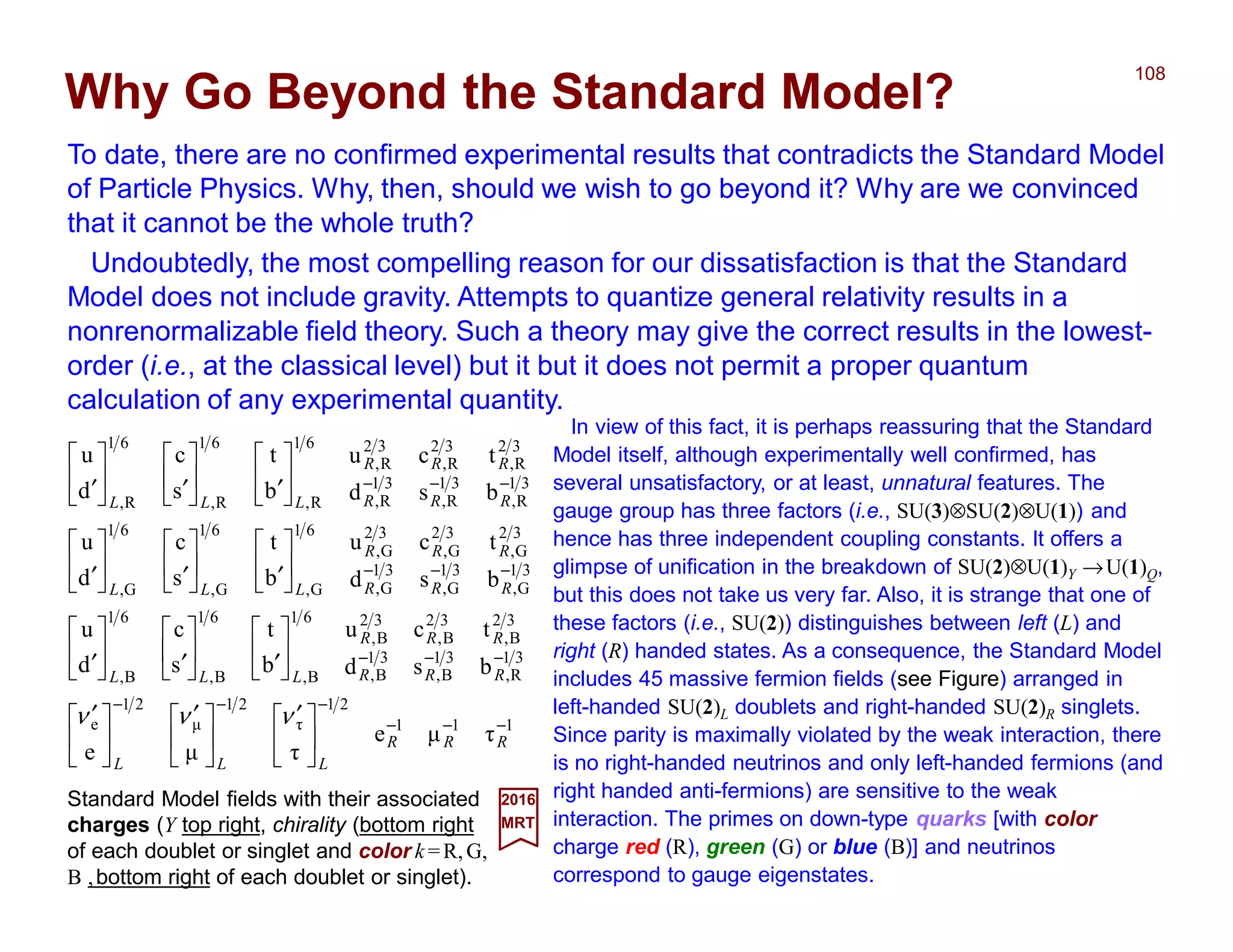 To date, there are no confirmed experimental results that contradicts the Standard Model
of Particle Physics. Why, then, should we wish to go beyond it? Why are we convinced
that it cannot be the whole truth?
108
2017
MRT
In view of this fact, it is perhaps reassuring that the Standard
Model itself, although experimentally well confirmed, has
several unsatisfactory, or at least, unnatural features. The
gauge group has three factors (i.e., SU(3)⊗SU(2)⊗U(1)) and
hence has three independent coupling constants. It offers a
glimpse of unification in the breakdown of SU(2)⊗U(1)Y →U(1)Q,
but this does not take us very far. Also, it is strange that one of
these factors (i.e., SU(2)) distinguishes between left (L) and
right (R) handed states. As a consequence, the Standard Model
includes 45 massive fermion fields (see Figure) arranged in
left-handed SU(2)L doublets and right-handed SU(2)R singlets.
Since parity is maximally violated by the weak interaction, there
is no right-handed neutrinos and only left-handed fermions (and
right handed anti-fermions) are sensitive to the weak
interaction. The primes on down-type quarks [with color
charge red (R), green (G) or blue (B)] and neutrinos
correspond to gauge eigenstates.
Why Go Beyond the Standard Model?
Undoubtedly, the most compelling reason for our dissatisfaction is that the Standard
Model does not include gravity. Attempts to quantize general relativity results in a
nonrenormalizable field theory. Such a theory may give the correct results in the lowest-
order (i.e., at the classical level) but it but it does not permit a proper quantum
calculation of any experimental quantity.
111
21
τ
21
µ
21
e
31
R,
32
B,
31
B,
32
B,
31
B,
32
B,
61
B,
61
B,
61
B,
31
G,
32
G,
31
G,
32
G,
31
G,
32
G,
61
G,
61
G,
61
G,
31
R,
32
R,
31
R,
32
R,
31
R,
32
R,
61
R,
61
R,
61
R,
τµe
τµe
b
t
s
c
d
u
b
t
s
c
d
u
b
t
s
c
d
u
b
t
s
c
d
u
b
t
s
c
d
u
b
t
s
c
d
u
−−−
−−−
−−−
−−−
−−−





 ′





 ′





 ′






′





′





′






′





′





′






′





′





′
RRR
LLL
R
R
R
R
R
R
LLL
R
R
R
R
R
R
LLL
R
R
R
R
R
R
LLL
ννν
Standard Model fields with their associated
charges (Y top right, chirality (bottom right
of each doublet or singlet and color k =R,G,
B ,bottom right of each doublet or singlet).
 