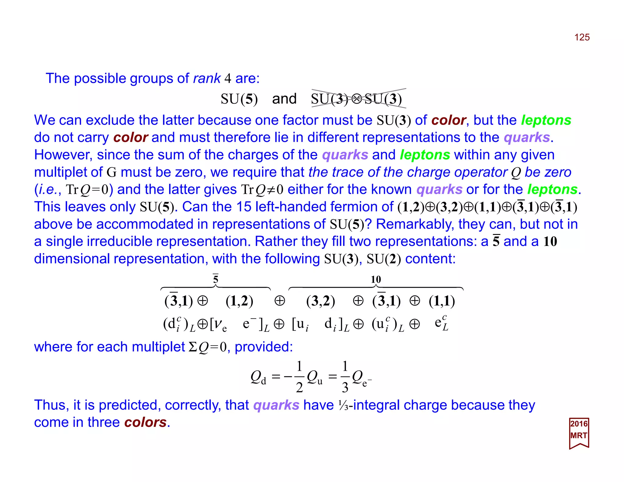 The possible groups of rank 4 are:
125
2017
MRT
)(SU)(SU)(SU 335 ⊗and
We can exclude the latter because one factor must be SU(3) of color, but the leptons
do not carry color and must therefore lie in different representations to the quarks.
However, since the sum of the charges of the quarks and leptons within any given
multiplet of G must be zero, we require that the trace of the charge operator Q be zero
(i.e., TrQ=0) and the latter gives TrQ≠0 either for the known quarks or for the leptons.
This leaves only SU(5). Can the 15 left-handed fermion of (1,2)⊕(3,2)⊕(1,1)⊕(3,1)⊕(3,1)
above be accommodated in representations of SU(5)? Remarkably, they can, but not in
a single irreducible representation. Rather they fill two representations: a 5 and a 10
dimensional representation, with the following SU(3), SU(2) content:
44444 844444 76444 8444 76 105
1113232113 ),(),(),(),(),( ⊕⊕⊕⊕
L]e[ e
−
ν⊕ Lii ]du[⊕L
c
i )(d ⊕ L
c
i )(u ⊕
c
Le
where for each multiplet ΣQ=0, provided:
−=−= eud
3
1
2
1
QQQ
Thus, it is predicted, correctly, that quarks have ⅓-integral charge because they
come in three colors.
_
_ _
 