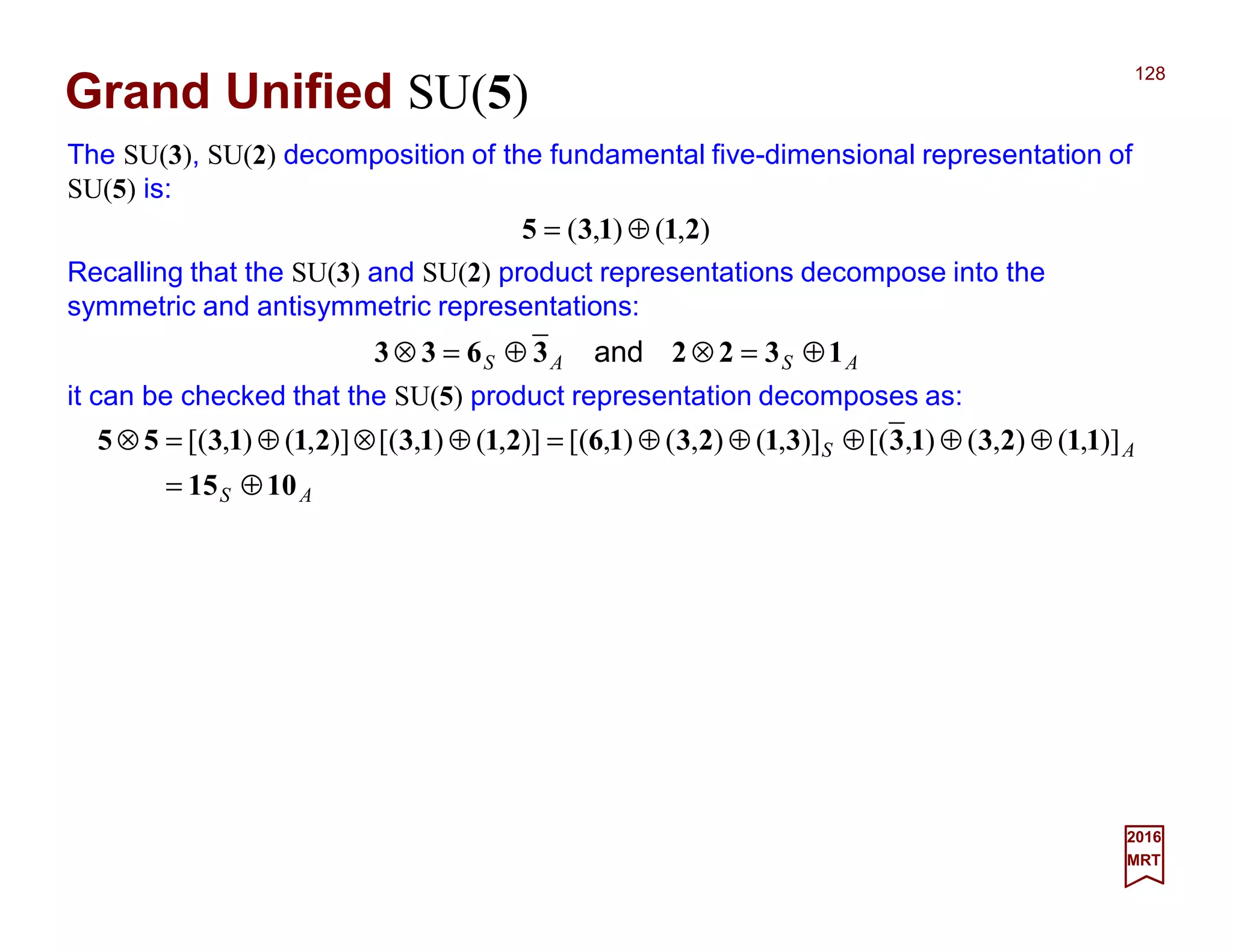 The SU(3), SU(2) decomposition of the fundamental five-dimensional representation of
SU(5) is:
128
2017
MRT
Recalling that the SU(3) and SU(2) product representations decompose into the
symmetric and antisymmetric representations:
Grand Unified SU(5)
),(),( 21135 ⊕=
ASAS 13223633 ⊕=⊗⊕=⊗ and
it can be checked that the SU(5) product representation decomposes as:
AS
AS
1015
1123133123162113211355
⊕=
⊕⊕⊕⊕⊕=⊕⊗⊕=⊗ )],(),(),[()],(),(),[()],(),[()],(),[(
 