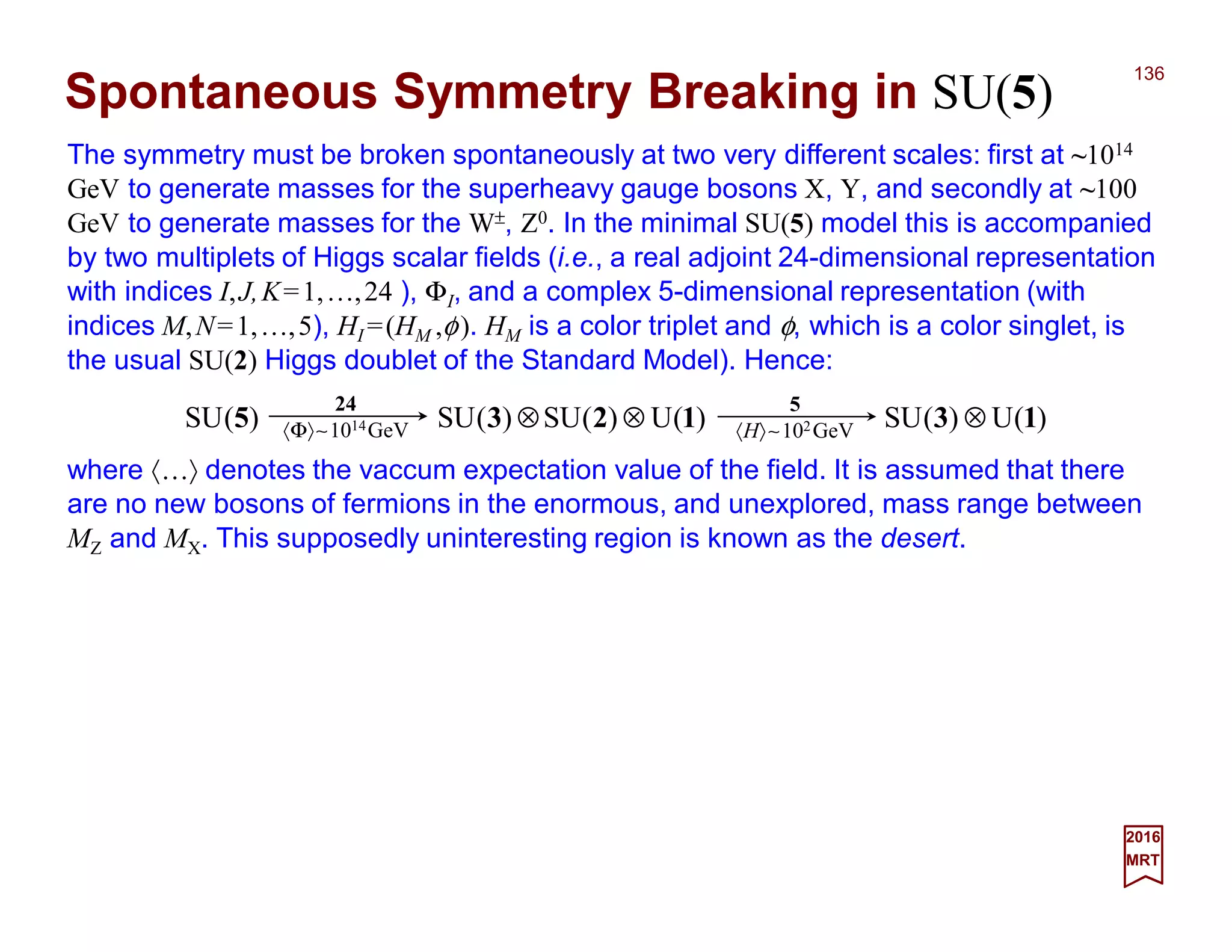 The symmetry must be broken spontaneously at two very different scales: first at ~1014
GeV to generate masses for the superheavy gauge bosons X, Y, and secondly at ~100
GeV to generate masses for the W±, Z0. In the minimal SU(5) model this is accompanied
by two multiplets of Higgs scalar fields (i.e., a real adjoint 24-dimensional representation
with indices I,J,K=1,…,24 ), ΦI, and a complex 5-dimensional representation (with
indices M,N=1,…,5), HI =(HM ,φ). HM is a color triplet and φ, which is a color singlet, is
the usual SU(2) Higgs doublet of the Standard Model). Hence:
136
2017
MRT
where 〈…〉 denotes the vaccum expectation value of the field. It is assumed that there
are no new bosons of fermions in the enormous, and unexplored, mass range between
MZ and MX. This supposedly uninteresting region is known as the desert.
Spontaneous Symmetry Breaking in SU(5)
)(U)(SU)(U)(SU)(SU)(SU 131235 ⊗⊗⊗
24
〈Φ〉∼1014GeV
5
〈H〉∼102GeV
 