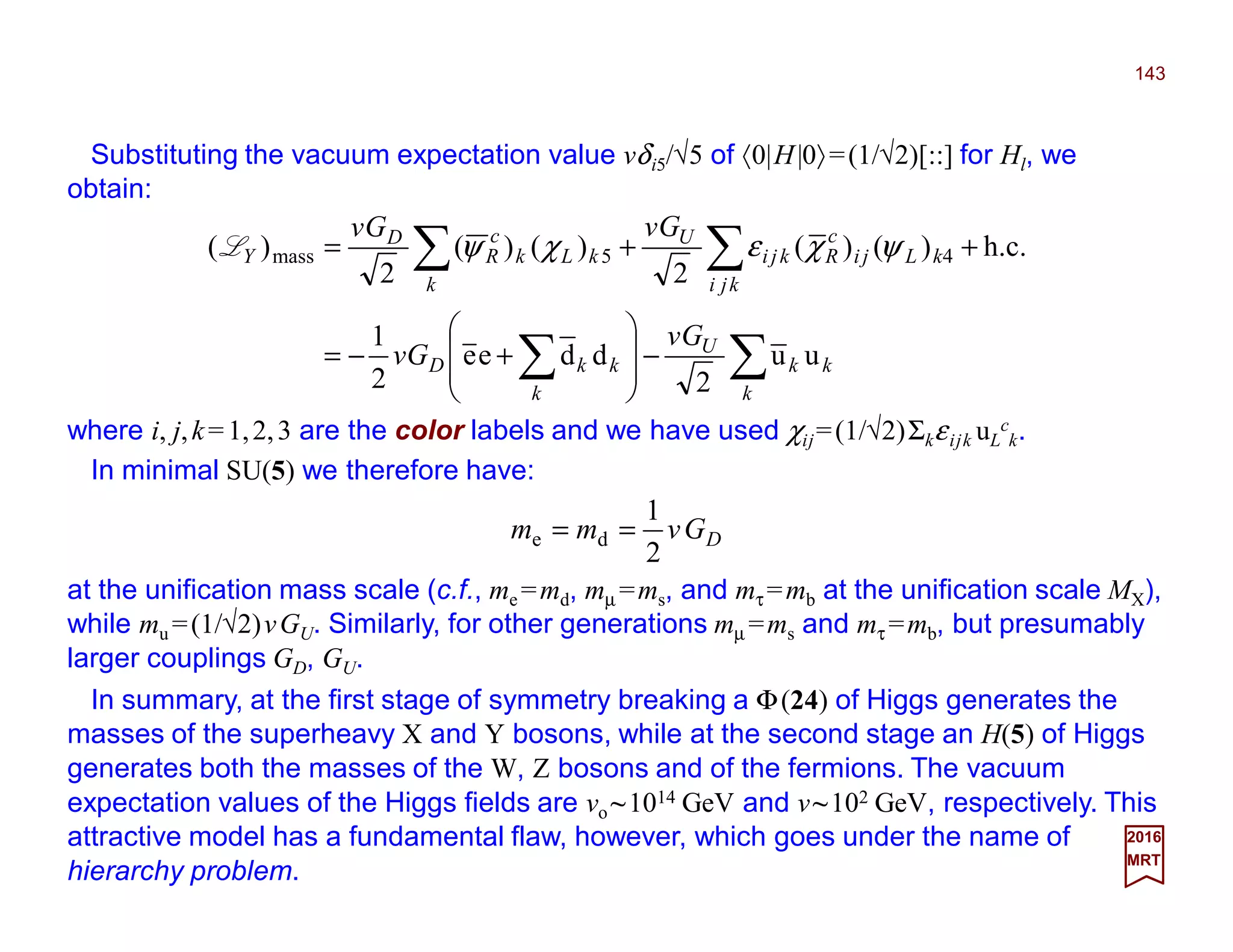 Substituting the vacuum expectation value vδi5/√5 of 〈0|H|0〉=(1/√2)[::] for Hl, we
obtain:
143
2017
MRT
at the unification mass scale (c.f., me =md, mµ =ms, and mτ =mb at the unification scale MX),
while mu =(1/√2)vGU. Similarly, for other generations mµ =ms and mτ =mb, but presumably
larger couplings GD, GU.
DGvmm
2
1
de ==
In summary, at the first stage of symmetry breaking a Φ(24) of Higgs generates the
masses of the superheavy X and Y bosons, while at the second stage an H(5) of Higgs
generates both the masses of the W, Z bosons and of the fermions. The vacuum
expectation values of the Higgs fields are vo ~1014 GeV and v~102 GeV, respectively. This
attractive model has a fundamental flaw, however, which goes under the name of
hierarchy problem.
In minimal SU(5) we therefore have:
∑∑
∑∑
−








+−=
++=
k
kk
U
k
kkD
kji
kLji
c
Rkji
U
k
kLk
c
R
D
Y
Gv
Gv
GvGv
uu
2
ddee
2
1
h.c.)()(
2
)()(
2
)( 45mass ψχεχψL
where i, j,k=1,2,3 are the color labels and we have used χij=(1/√2)Σkεijk uL
c
k.
 