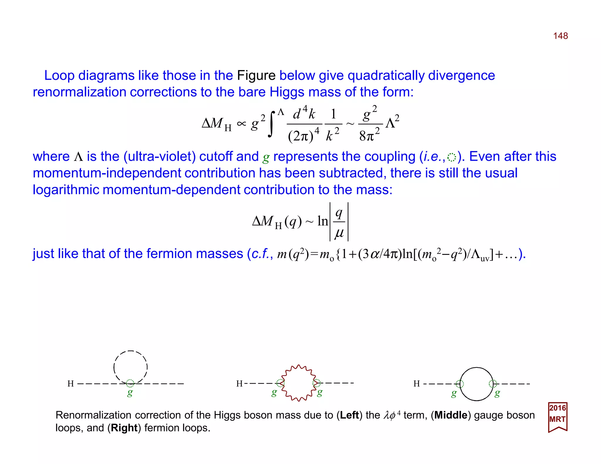 Loop diagrams like those in the Figure below give quadratically divergence
renormalization corrections to the bare Higgs mass of the form:
148
2017
MRT
2
2
2
24
4
2
H
π8
~
1
)π2(
Λ∝∆ ∫
Λ g
k
kd
gM
where Λ is the (ultra-violet) cutoff and g represents the coupling (i.e., ). Even after this
momentum-independent contribution has been subtracted, there is still the usual
logarithmic momentum-dependent contribution to the mass:
Renormalization correction of the Higgs boson mass due to (Left) the λφ 4 term, (Middle) gauge boson
loops, and (Right) fermion loops.
H H H
µ
q
qM ln~)(H∆
just like that of the fermion masses (c.f., m(q2)=mo{1+(3α/4π)ln[(mo
2−q2)/Λuv]+…).
g g g g g
 