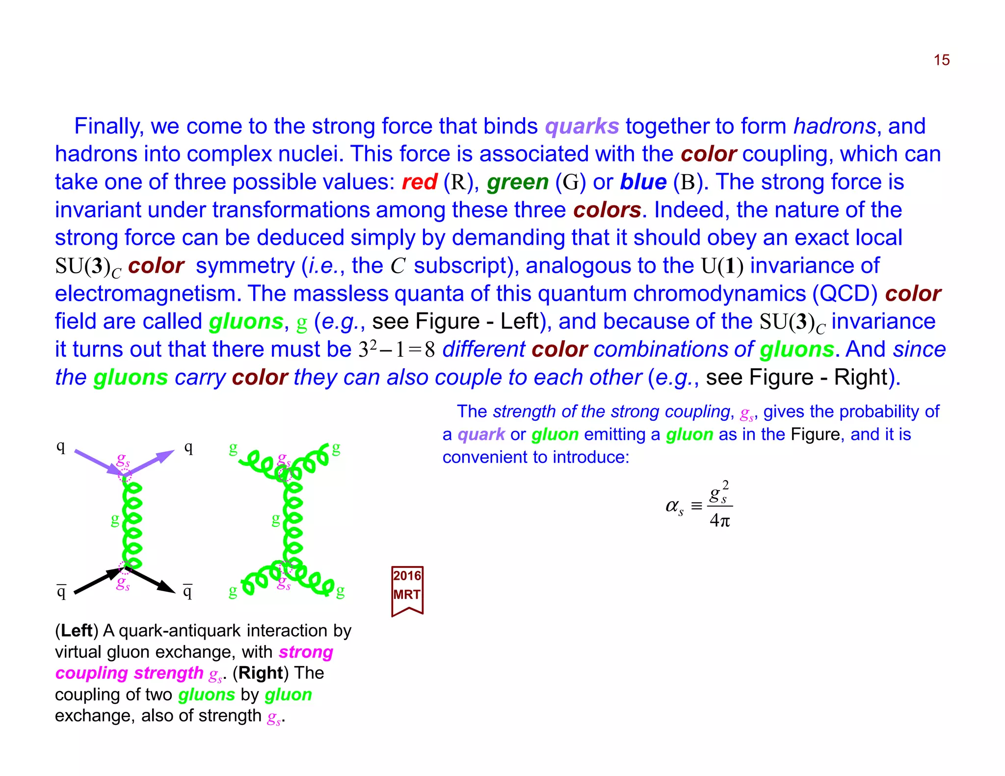 Finally, we come to the strong force that binds quarks together to form hadrons, and
hadrons into complex nuclei. This force is associated with the color coupling, which can
take one of three possible values: red (R), green (G) or blue (B). The strong force is
invariant under transformations among these three colors. Indeed, the nature of the
strong force can be deduced simply by demanding that it should obey an exact local
SU(3)C color symmetry (i.e., the C subscript), analogous to the U(1) invariance of
electromagnetism. The massless quanta of this quantum chromodynamics (QCD) color
field are called gluons, g (e.g., see Figure - Left), and because of the SU(3)C invariance
it turns out that there must be 32 −1=8 different color combinations of gluons. And since
the gluons carry color they can also couple to each other (e.g., see Figure - Right).
15
(Left) A quark-antiquark interaction by
virtual gluon exchange, with strong
coupling strength gs. (Right) The
coupling of two gluons by gluon
exchange, also of strength gs.
2017
MRT
g
qq
q q
gs
gs
g
g g
g g
gs
gs
The strength of the strong coupling, gs, gives the probability of
a quark or gluon emitting a gluon as in the Figure, and it is
convenient to introduce:
π4
2
s
s
g
≡α
 