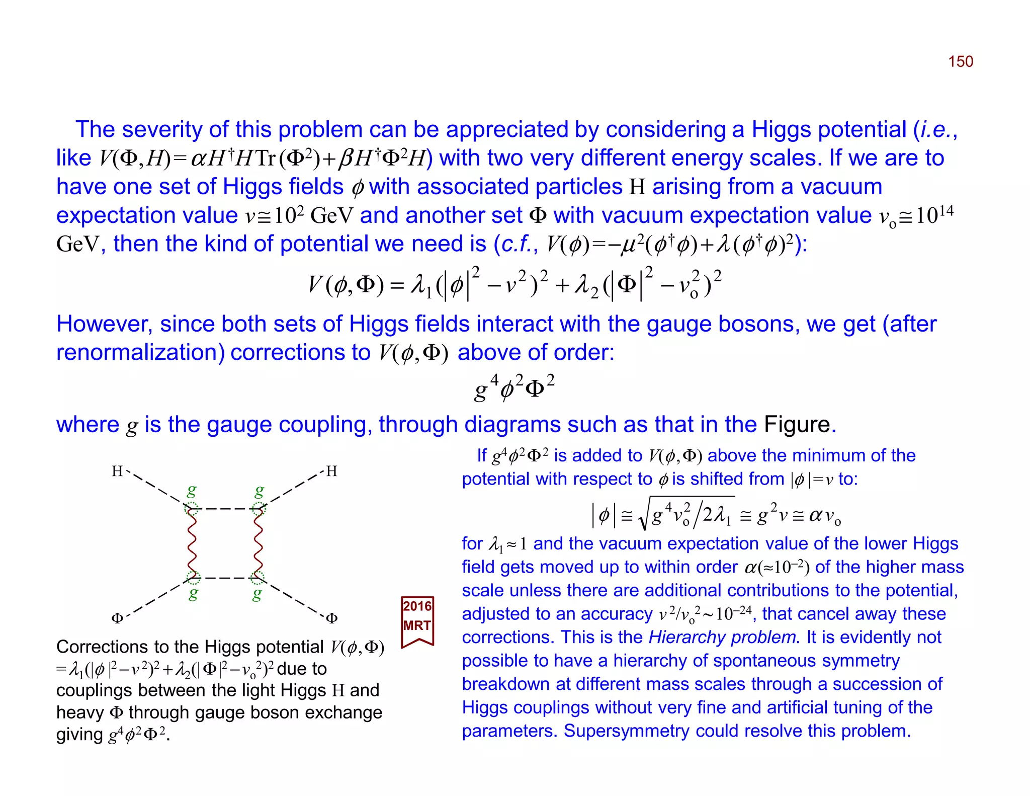 The severity of this problem can be appreciated by considering a Higgs potential (i.e.,
like V(Φ,H)=αH†HTr(Φ2)+β H†Φ2H) with two very different energy scales. If we are to
have one set of Higgs fields φ with associated particles H arising from a vacuum
expectation value v≅102 GeV and another set Φ with vacuum expectation value vo ≅1014
GeV, then the kind of potential we need is (c.f., V(φ)=−µ2(φ†φ)+λ (φ†φ)2):
150
224
Φφg
where g is the gauge coupling, through diagrams such as that in the Figure.
22
o
2
2
222
1 )()(),( vvV −Φ+−=Φ λφλφ
However, since both sets of Higgs fields interact with the gauge bosons, we get (after
renormalization) corrections to V(φ,Φ) above of order:
Corrections to the Higgs potential V(φ,Φ)
=λ1(|φ |2 −v2)2 +λ2(|Φ|2 −vo
2)2 due to
couplings between the light Higgs H and
heavy Φ through gauge boson exchange
giving g4φ2Φ2.
2017
MRT
If g4φ2Φ2 is added to V(φ,Φ) above the minimum of the
potential with respect to φ is shifted from |φ |=v to:
o
2
1
2
o
4
2 vvgvg αλφ ≅≅≅
Φ
H
Φ
H
g g
g g
for λ1 ≈1 and the vacuum expectation value of the lower Higgs
field gets moved up to within order α(≈10−2) of the higher mass
scale unless there are additional contributions to the potential,
adjusted to an accuracy v 2/vo
2 ~10−24, that cancel away these
corrections. This is the Hierarchy problem. It is evidently not
possible to have a hierarchy of spontaneous symmetry
breakdown at different mass scales through a succession of
Higgs couplings without very fine and artificial tuning of the
parameters. Supersymmetry could resolve this problem.
 