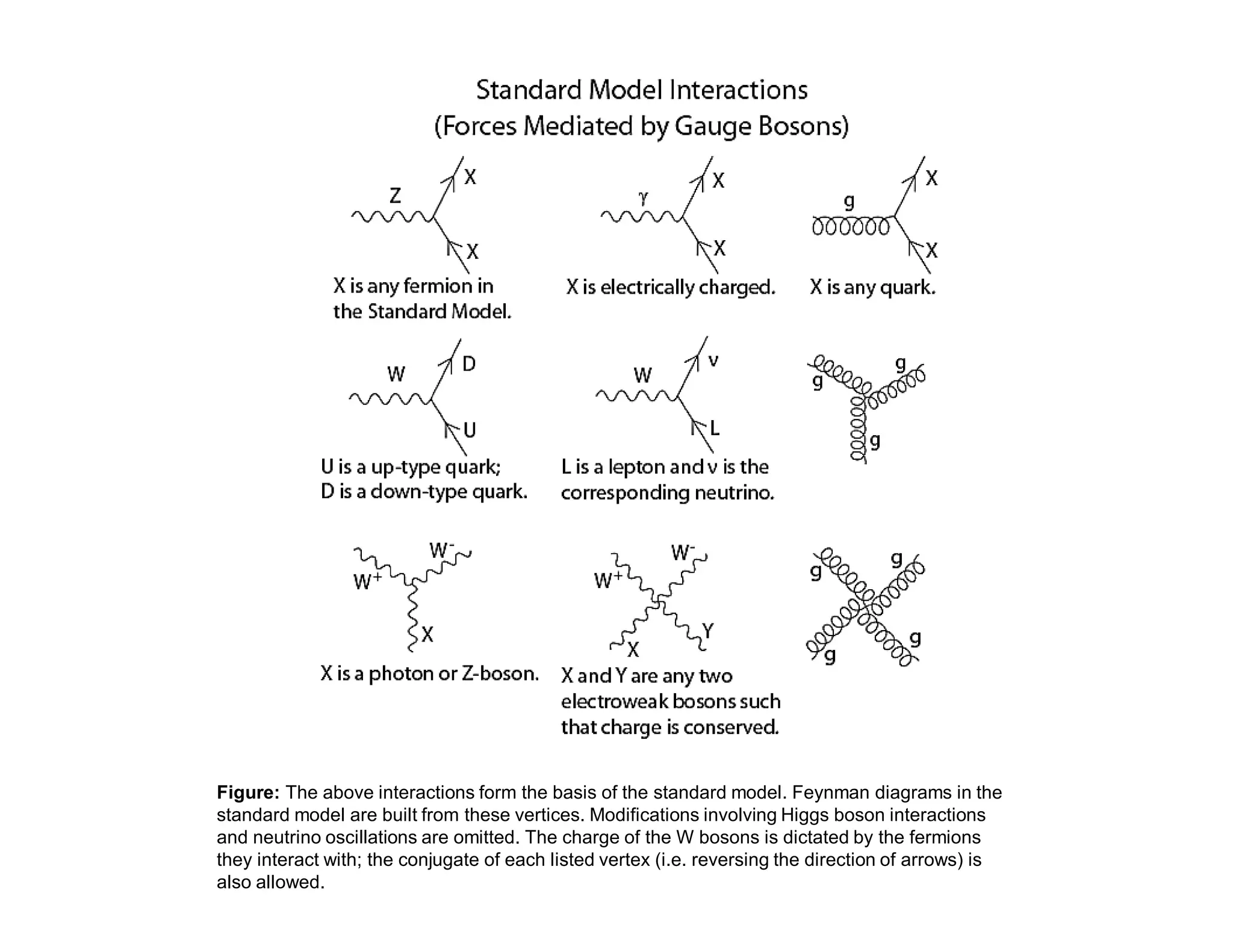 Figure: The above interactions form the basis of the standard model. Feynman diagrams in the
standard model are built from these vertices. Modifications involving Higgs boson interactions
and neutrino oscillations are omitted. The charge of the W bosons is dictated by the fermions
they interact with; the conjugate of each listed vertex (i.e. reversing the direction of arrows) is
also allowed.
2017
MRT
 