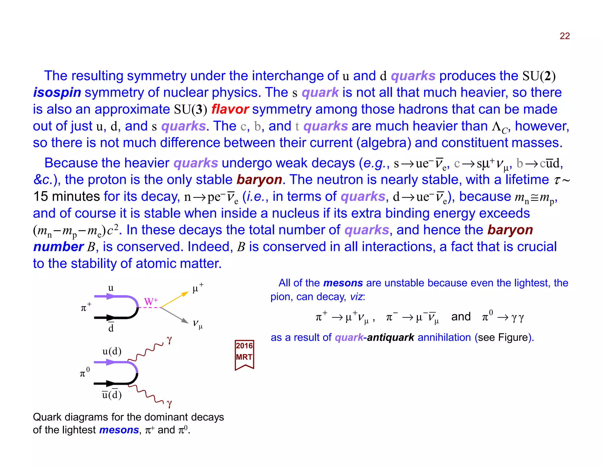 The resulting symmetry under the interchange of u and d quarks produces the SU(2)
isospin symmetry of nuclear physics. The s quark is not all that much heavier, so there
is also an approximate SU(3) flavor symmetry among those hadrons that can be made
out of just u, d, and s quarks. The c, b, and t quarks are much heavier than ΛC, however,
so there is not much difference between their current (algebra) and constituent masses.
22
Because the heavier quarks undergo weak decays (e.g., s→ue−νe, c→sµ+νµ, b→cud,
&c.), the proton is the only stable baryon. The neutron is nearly stable, with a lifetime τ ~
15 minutes for its decay, n→pe−νe (i.e., in terms of quarks, d→ue−νe), because mn ≅mp,
and of course it is stable when inside a nucleus if its extra binding energy exceeds
(mn −mp −me)c2. In these decays the total number of quarks, and hence the baryon
number B, is conserved. Indeed, B is conserved in all interactions, a fact that is crucial
to the stability of atomic matter.
Quark diagrams for the dominant decays
of the lightest mesons, π+ and π0.
2017
MRT
All of the mesons are unstable because even the lightest, the
pion, can decay, viz:
as a result of quark-antiquark annihilation (see Figure).
γγπµπµπ 0
µµ →→→ −−++
and, νν
+
π
µν
+
µu
d
W+
)d(u
0
π
)d(u
γ
γ
_ _
__
 
