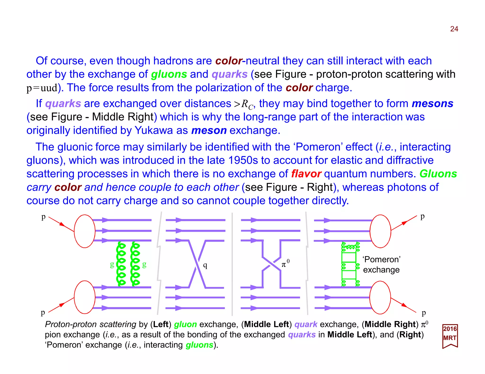 Of course, even though hadrons are color-neutral they can still interact with each
other by the exchange of gluons and quarks (see Figure - proton-proton scattering with
p=uud). The force results from the polarization of the color charge.
24
2017
MRT
Proton-proton scattering by (Left) gluon exchange, (Middle Left) quark exchange, (Middle Right) π0
pion exchange (i.e., as a result of the bonding of the exchanged quarks in Middle Left), and (Right)
‘Pomeron’ exchange (i.e., interacting gluons).
If quarks are exchanged over distances >RC, they may bind together to form mesons
(see Figure - Middle Right) which is why the long-range part of the interaction was
originally identified by Yukawa as meson exchange.
The gluonic force may similarly be identified with the ‘Pomeron’ effect (i.e., interacting
gluons), which was introduced in the late 1950s to account for elastic and diffractive
scattering processes in which there is no exchange of flavor quantum numbers. Gluons
carry color and hence couple to each other (see Figure - Right), whereas photons of
course do not carry charge and so cannot couple together directly.
g g 0
πq
p
p
p
p
‘Pomeron’
exchange
 