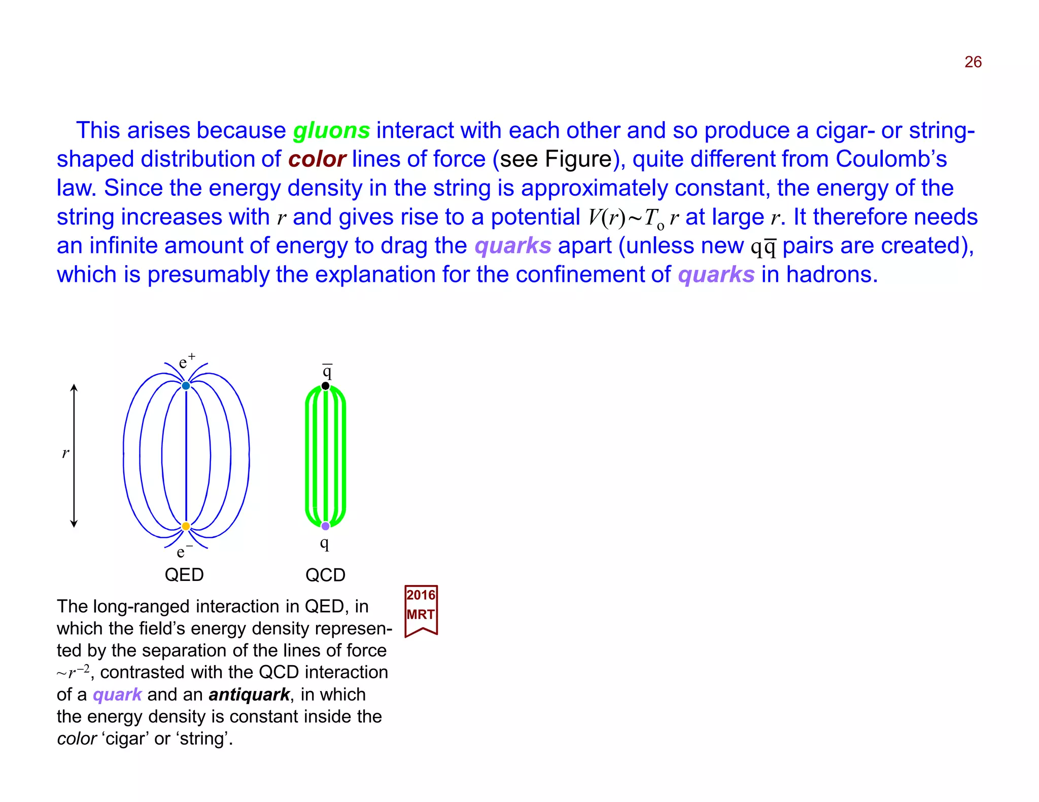 This arises because gluons interact with each other and so produce a cigar- or string-
shaped distribution of color lines of force (see Figure), quite different from Coulomb’s
law. Since the energy density in the ‘string’ is approximately constant, the energy of the
string increases with r and gives rise to a potential V(r)~To r at large r. It therefore needs
an infinite amount of energy to drag the quarks apart (unless new qq pairs are created),
which is presumably the explanation for the confinement of quarks in hadrons.
26
The long-ranged interaction in QED, in
which the field’s energy density represen-
ted by the separation of the lines of force
~r−2, contrasted with the QCD interaction
of a quark and an antiquark, in which
the energy density is constant inside the
color ‘cigar’ or ‘string’.
2017
MRT
−
e
+
e
r
QED QCD
q
q
_
 