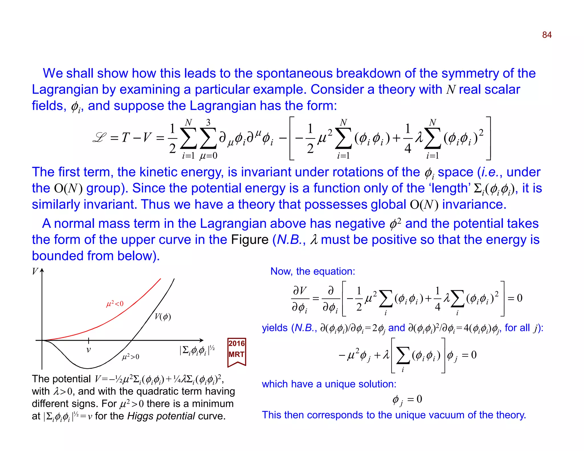 We shall show how this leads to the spontaneous breakdown of the symmetry of the
Lagrangian by examining a particular example. Consider a theory with N real scalar
fields, φi, and suppose the Lagrangian has the form:
84








+−−∂∂=−= ∑∑∑∑ === =
N
i
ii
N
i
ii
N
i
iiVT
1
2
1
2
1
3
0
)(
4
1
)(
2
1
2
1
φφλφφµφφ
µ
µ
µL
The first term, the kinetic energy, is invariant under rotations of the φi space (i.e., under
the O(N) group). Since the potential energy is a function only of the ‘length’ Σi(φiφi), it is
similarly invariant. Thus we have a theory that possesses global O(N) invariance.
A normal mass term in the Lagrangian above has negative φ2 and the potential takes
the form of the upper curve in the Figure (N.B., λ must be positive so that the energy is
bounded from below).
The potential V=−½µ2Σi(φiφi)+¼λΣi(φiφi)2,
with λ>0, and with the quadratic term having
different signs. For µ2 >0 there is a minimum
at |Σiφiφi |½ =v for the Higgs potential curve.
2017
MRT
Now, the equation:
0)(
4
1
)(
2
1 22
=








+−
∂
∂
=
∂
∂
∑∑ i
ii
i
ii
ii
V
φφλφφµ
φφ
|Σiφiφi |½
V
µ2 >0
µ2 <0
v
yields (N.B., ∂(φiφi)/∂φi =2φj and ∂(φiφi)2/∂φi = 4(φiφi)φj, for all j):
0)(2
=








+− ∑ j
i
iij φφφλφµ
which have a unique solution:
0=jφ
This then corresponds to the unique vacuum of the theory.
V(φ)
 