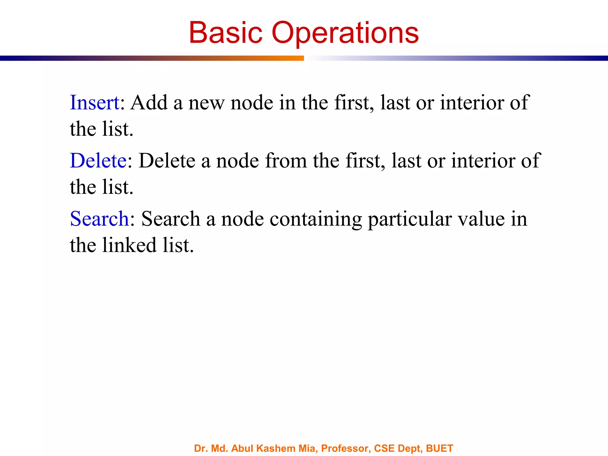 Dr. Md. Abul Kashem Mia, Professor, CSE Dept, BUET
Basic Operations
Insert: Add a new node in the first, last or interior of
the list.
Delete: Delete a node from the first, last or interior of
the list.
Search: Search a node containing particular value in
the linked list.
 