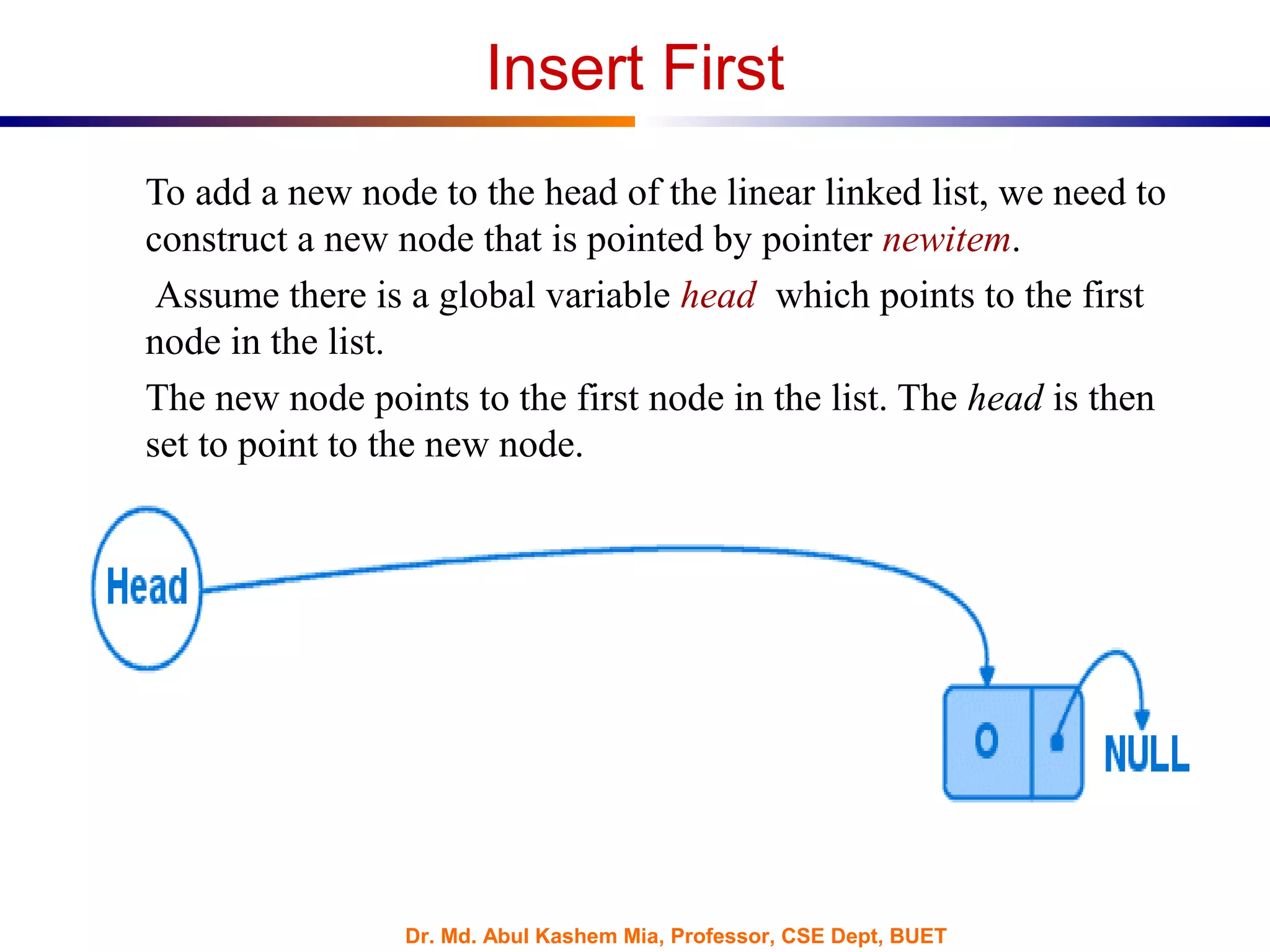 Dr. Md. Abul Kashem Mia, Professor, CSE Dept, BUET
Insert First
To add a new node to the head of the linear linked list, we need to
construct a new node that is pointed by pointer newitem.
Assume there is a global variable head which points to the first
node in the list.
The new node points to the first node in the list. The head is then
set to point to the new node.
 