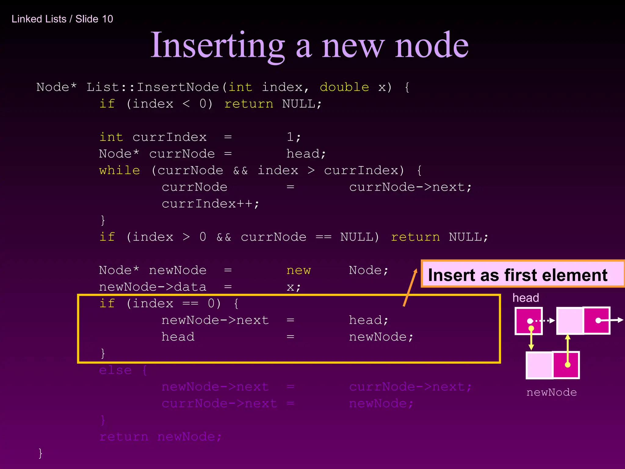 Linked Lists / Slide 10
Inserting a new node
Node* List::InsertNode(int index, double x) {
if (index < 0) return NULL;
int currIndex = 1;
Node* currNode = head;
while (currNode && index > currIndex) {
currNode = currNode->next;
currIndex++;
}
if (index > 0 && currNode == NULL) return NULL;
Node* newNode = new Node;
newNode->data = x;
if (index == 0) {
newNode->next = head;
head = newNode;
}
else {
newNode->next = currNode->next;
currNode->next = newNode;
}
return newNode;
}
Insert as first element
head
newNode
 