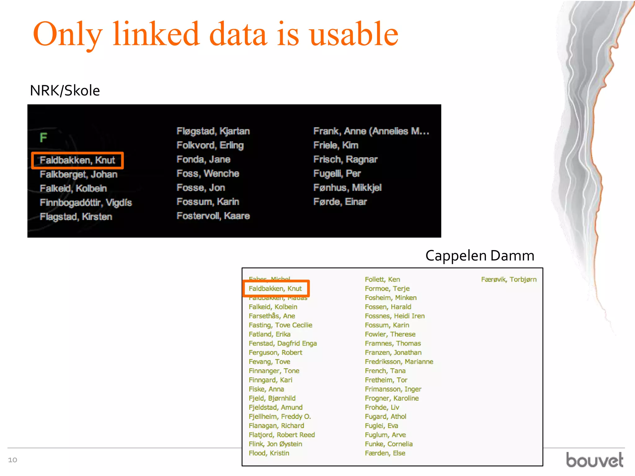 Only linked data is usable
NRK/Skole

Cappelen Damm

10

 