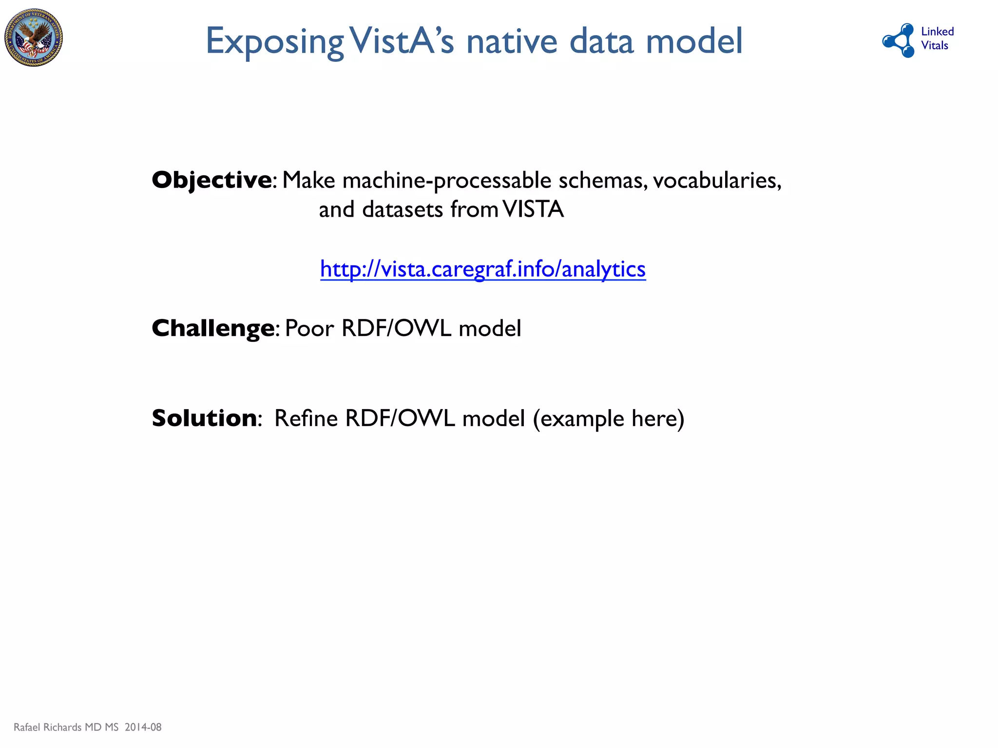 Rafael Richards MD MS 2014-08 
Linked 
Vitals 
Exposing VistA’s native data model 
Objective: Make machine-processable schemas, vocabularies, 
and datasets from VISTA 
http://vista.caregraf.info/analytics 
Challenge: Poor RDF/OWL model 
Solution: Refine RDF/OWL model (example here) 
 