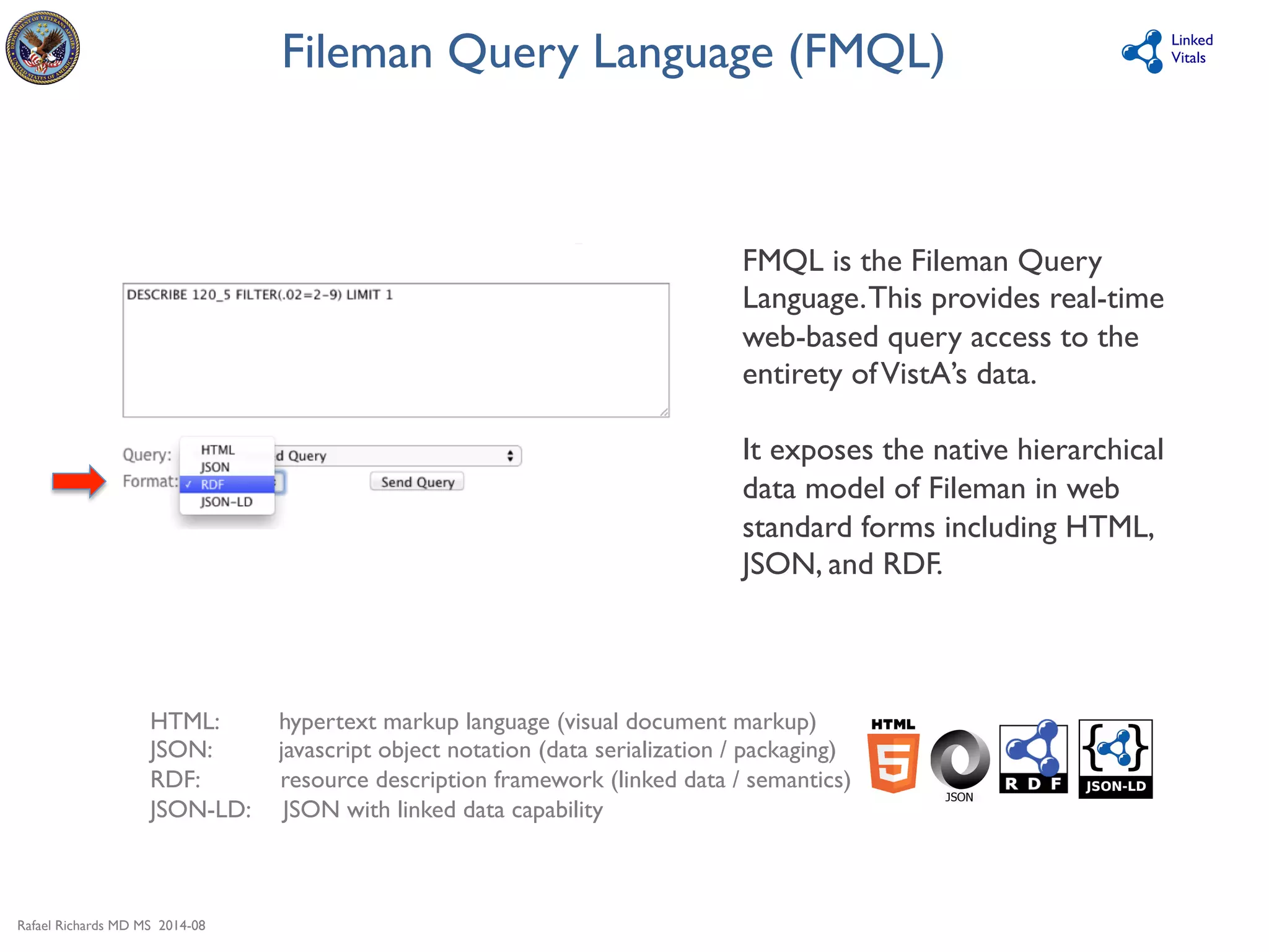 Rafael Richards MD MS 2014-08 
Linked 
Vitals 
Fileman Query Language (FMQL) 
FMQL is the Fileman Query 
Language. This provides real-time 
web-based query access to the 
entirety of VistA’s data. 
It exposes the native hierarchical 
data model of Fileman in web 
standard forms including HTML, 
JSON, and RDF. 
HTML: hypertext markup language (visual document markup) 
JSON: javascript object notation (data serialization / packaging) 
RDF: resource description framework (linked data / semantics) 
JSON-LD: JSON with linked data capability 
 