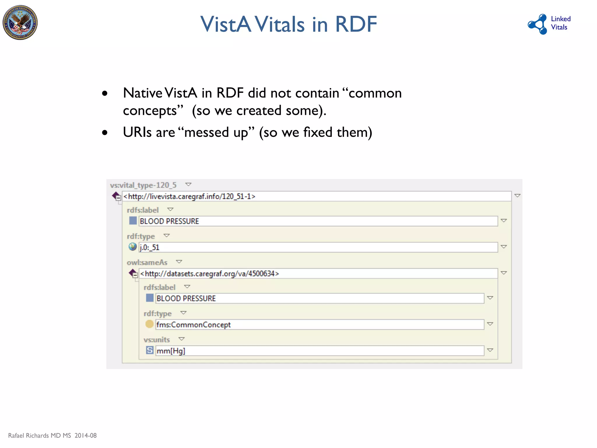 Rafael Richards MD MS 2014-08 
Linked 
Vitals 
VistA Vitals in RDF 
• Native VistA in RDF did not contain “common 
concepts” (so we created some). 
• URIs are “messed up” (so we fixed them) 
 